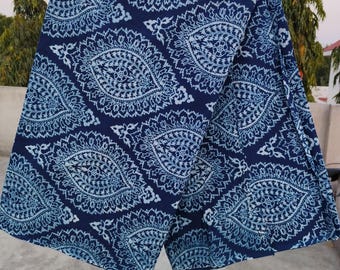 Indigo Blue Hand Block Printed Cotton Fabric: Indian Summer Cloth by the Yard