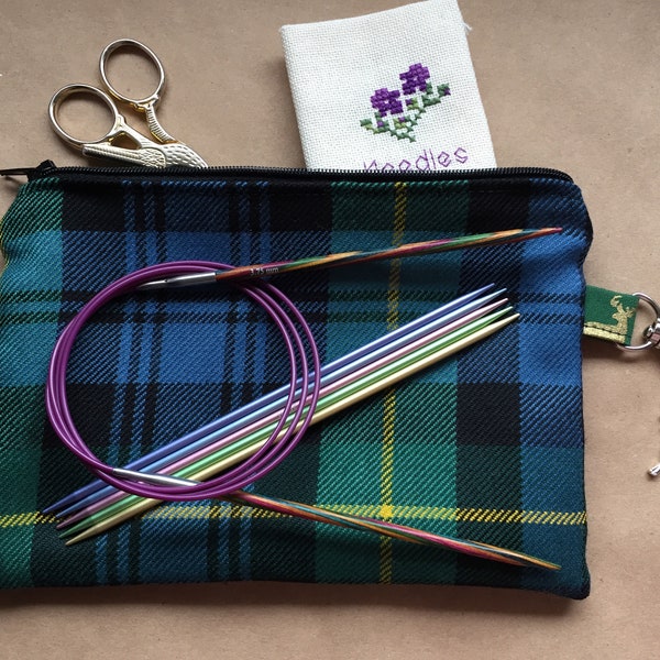 Small tartan storage bag with zip up closure ideal for notions, craft storage.