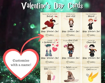 Puede incluir: Nueve tarjetas de San Valentín imprimibles con personajes de Harry Potter y refranes temáticos. Las tarjetas son personalizables con un nombre. Las tarjetas presentan ilustraciones de Harry Potter, Hermione Granger, Ron Weasley, Dumbledore, Hagrid y un Sombrero Seleccionador.