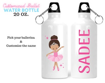 May include: White water bottle with a pink ballerina illustration and the name "SADEE" printed in pink. The bottle is 20 ounces.