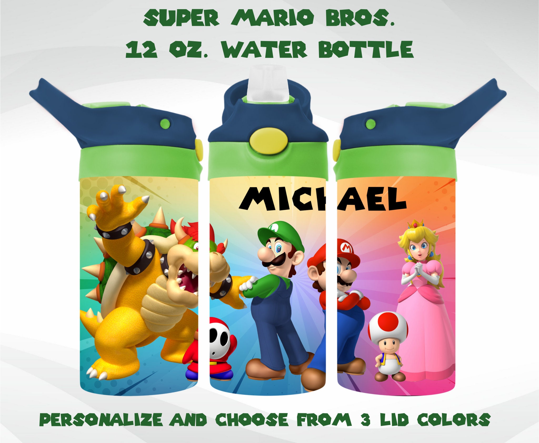 Personalized Mario 12 Oz. Water Bottle Kids Water Bottle Customized Water  Bottle Super Mario Brothers 