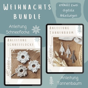 Könnte beinhalten: Digitales Download-Paket mit zwei Anleitungen für Weihnachtsbastelarbeiten. Das erste Bild zeigt eine weiße Schneeflocke aus Makramee. Das zweite Bild zeigt einen weißen Makramee-Weihnachtsbaumschmuck.