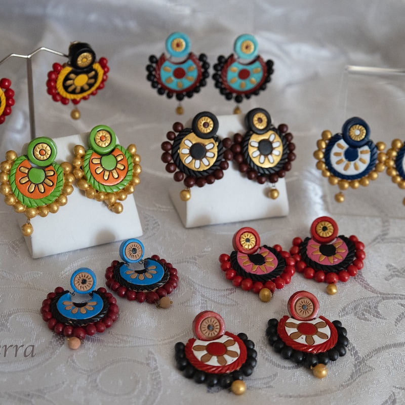 Green - Bishnupur Handpainted Terracotta Earrings 127