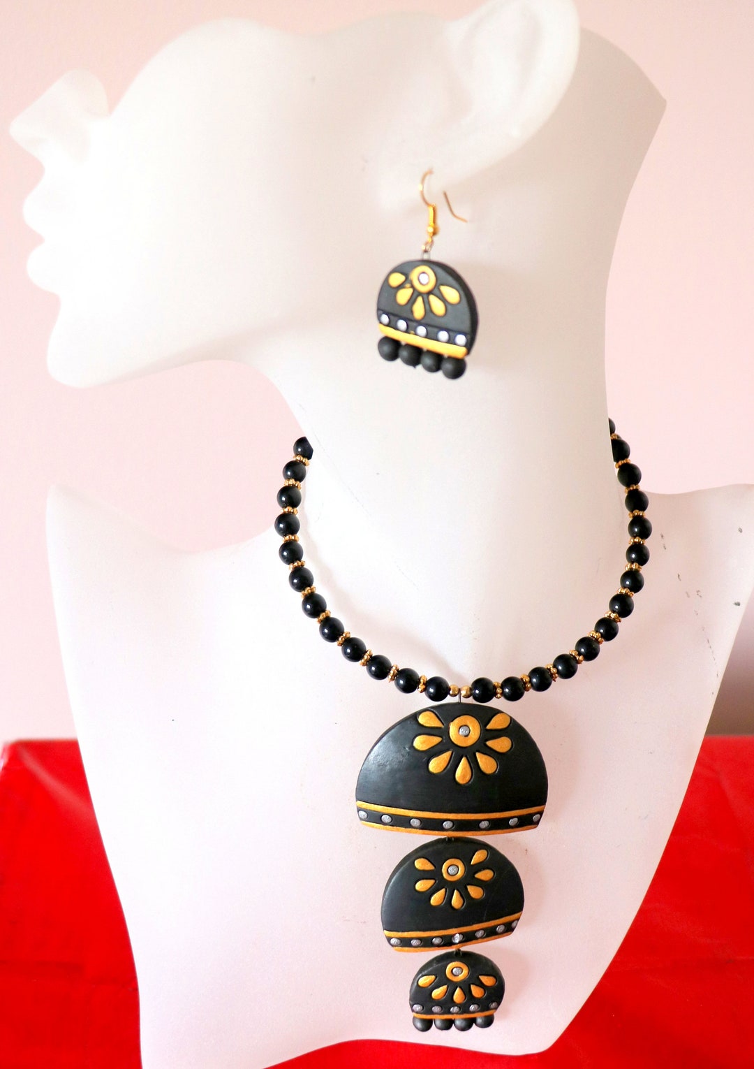 Buy Terracotta Choker Set With Long Pendant! Black Bead