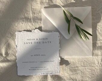 SAMPLE Save the Date card 105 mm x 105 mm made of handmade paper in a minimalist design with an envelope made of transparent paper