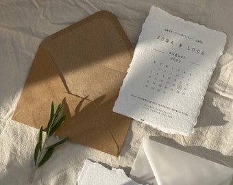 SAMPLE minimalist Din A6 save the date card made of handmade paper in a simple design with a kraft paper envelope