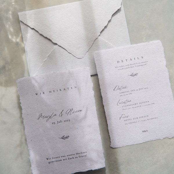 Boho wedding invitation "Maylin" in Din A6 made of handmade paper in a minimalist design • optionally with envelope • SAMPLE