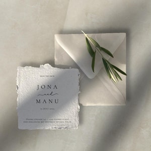 SAMPLE eco-friendly save the date card made from handmade handmade paper in a minimalist design with various envelope options