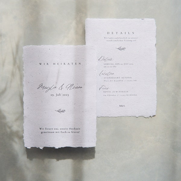 Sustainable Din A6 wedding invitation "Maylin" made of handmade paper in a minimalist design • optionally with envelope • SAMPLE