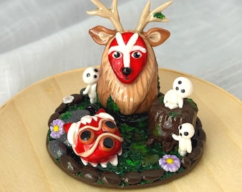 Handmade Princess Mononoke Miniature – Forest Spirit & Kodama Scene with San Mask | Polymer Clay Diorama