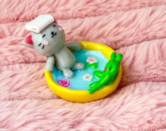 Cat & Frog Hot Spring Figurine | Handmade Polymer Clay Desk Buddy Miniature