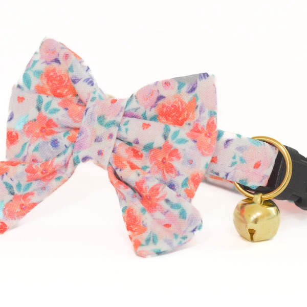Spring Meadow Cat Collar with Bow ~ Colorful Kitten Breakaway Collar with Detachable Bow ~ Floral Cat Collar ~  Quick Release Cat Collar