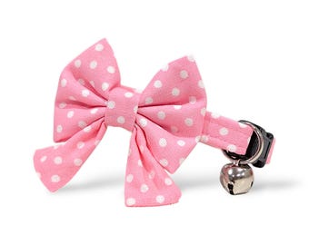 Pink Polka Dot Cat Collar with Bow ~ Baby Pink Kitten Breakaway Collar with Bow & Bell ~ Light Pink Quick Release Cat Collar ~ Easter Collar