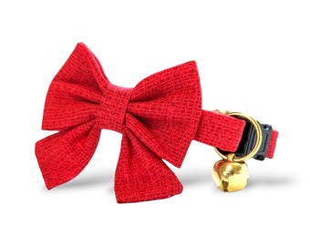 Solid Red Cat Collar with Bow ~ Red Kitten Breakaway Collar with Bowtie and Bell ~ Quick Release Cat Collar ~ Red Bow Christmas Cat Collar