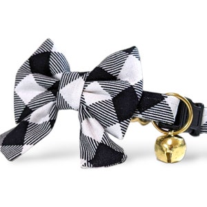 White Buffalo Plaid Cat Collar with Bow ~ Kitten Breakaway Collar with Bowtie and Bell ~ Quick Release Cat Collar ~ Christmas Bow Cat Collar