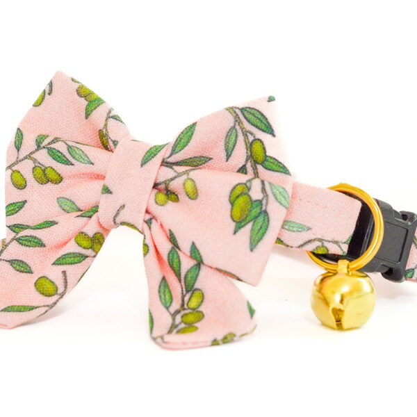 Pink Olives Cat Collar with Bow ~ Olive Branch Kitten Breakaway Collar & Detachable Bow ~ Foliage Cat Collar ~ Pink Quick Release Cat Collar