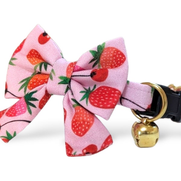 Strawberry & Cherry Cat Collar with Bow ~ Kitten Breakaway Collar with Detachable Bow ~ Fruit Cat Collar and Bow ~  Quick Release Cat Collar