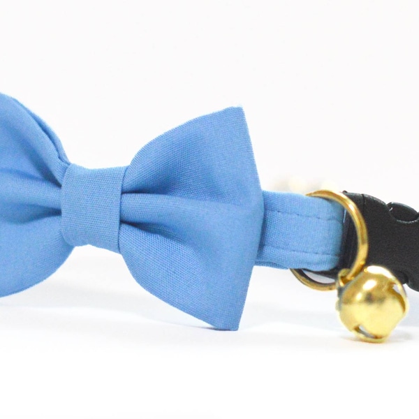 Blue Cat Collar with Bowtie ~ Sky Blue Kitten Breakaway Collar with Detachable Bowtie ~ Solid Light Blue Quick Release Cat Collar