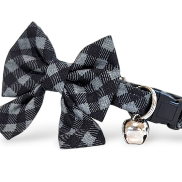 Gothic Plaid Cat Collar with Bow ~ Goth Kitten Breakaway Collar with Detachable Bow ~ Halloween Cat Collar & Bow ~ Quick Release Cat Collar