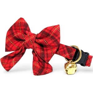 Red Plaid Cat Collar with Bow ~ Plaid Kitten Breakaway Collar with Bowtie and Bell ~ Quick Release Cat Collar ~ Red Bow Christmas Cat Collar