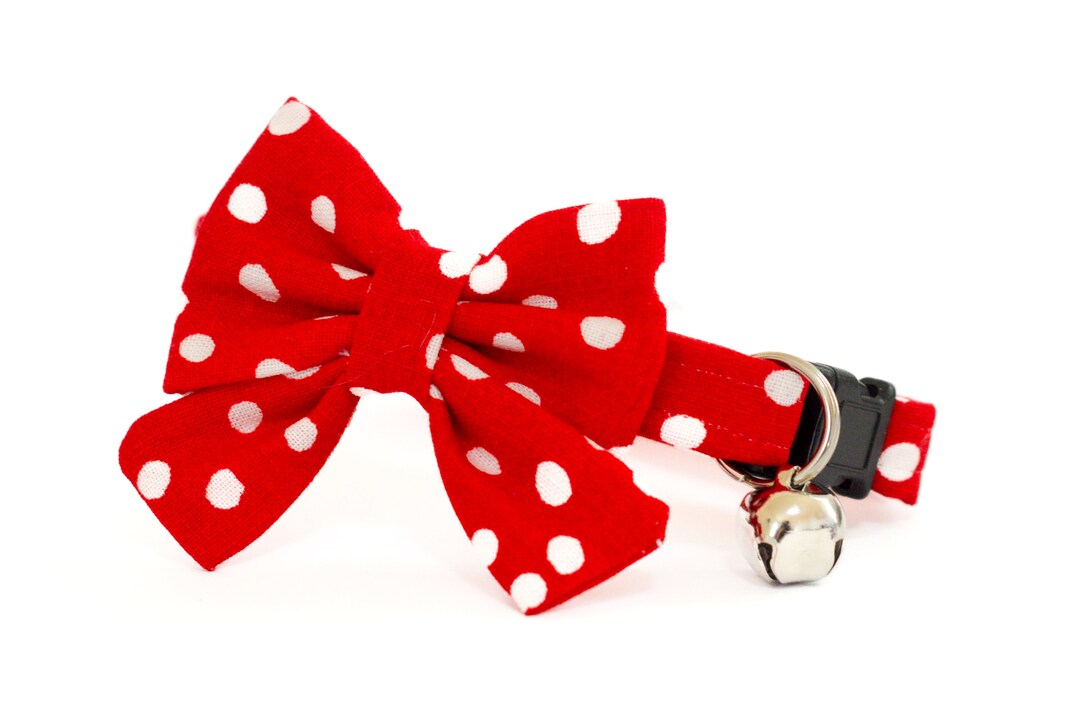 Red Polka Dot Cat Collar With Bow Red Kitten Breakaway Etsy