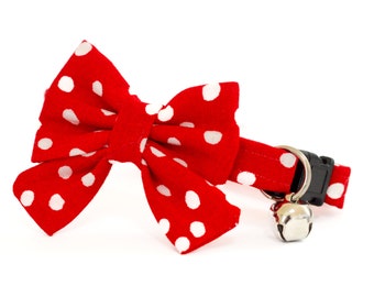 Red Polka Dot Cat Collar with Bow ~ Red Kitten Breakaway Collar with Detachable Bow ~ Minnie Bow Cat Collar ~  Red Quick Release Cat Collar