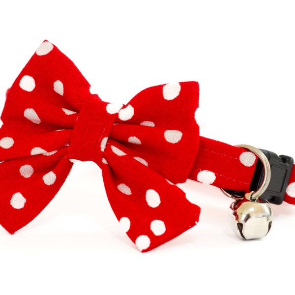 Red Polka Dot Cat Collar with Bow ~ Red Kitten Breakaway Collar with Detachable Bow ~ Minnie Bow Cat Collar ~  Red Quick Release Cat Collar