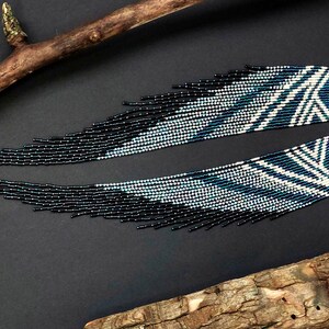 VERY LONG NIGHT Seed Bead Fringe Earrings Silver and Dark Blue Shoulderduster 11&#39;in. Glamorous Boho Ethno Exclusive Indigenous