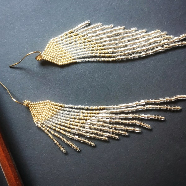 ECRU ANGELS - Beaded Long Fringe Earrings -  Gold and divine light brown - seed bead, boho, indigenous, glamourous, exclusive, bohemian