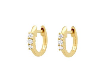 14k Solid Gold Diamond Huggie Hoop Earrings: Tiny Cartilage Hoops