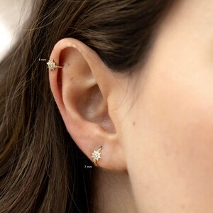 14K Solid Gold huggie hoop earrings flower helix hoop cartilage hoop tiny gold hoops small hoop earrings diamond huggies cartilage earring