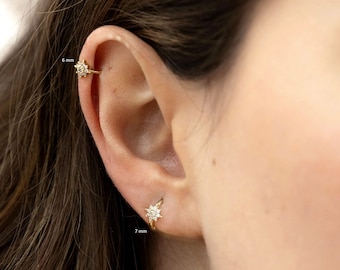 14K Solid Gold huggie hoop earrings flower helix hoop cartilage hoop tiny gold hoops small hoop earrings diamond huggies cartilage earring