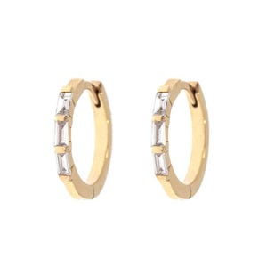 Diamond hoop earrings baguette huggies solid gold hoop earrings Tiny Hoop earring Diamond huggies baguette earrings 8mm huggie hoop earrings