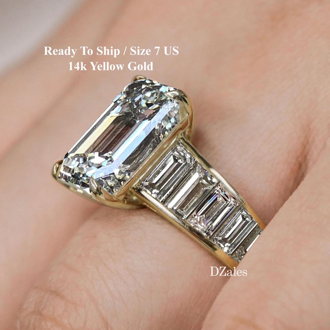 Emerald Cut Moissanite Engagement Ring, 14k Yellow Gold Eternity ...