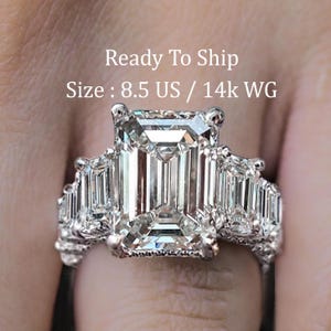 5 CT Emerald Cut Moissanite Engagement Ring 14K White Gold Hidden Halo Ring Wide Band Wedding Ring 1st Anniversary Gift Ready to Ship