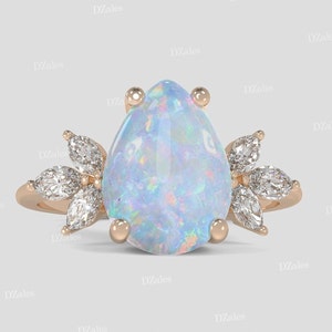 Pear Shaped Opal Ring Vintage Pear Shaped with Marquise natutal Diamonds, Perfect Proposal Jewelry -Bridal Gift