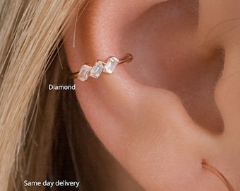 Brinco de pressão em ouro 14K com diamantes, sem necessidade de furo na orelha, formato baguete, piercing falso na hélice, presente para ela.