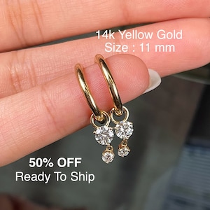 Aros de diamantes con dije, aros de oro amarillo de 14 k, pequeños aros de oro con colgante de diamante, pendientes de diamantes, pequeños aros de diamantes