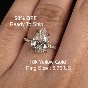 18k gold Moissanite Engagement Ring,3 CT Pear Cut ring Yellow Gold,Hidden Halo,Solitaire Ring,Teardrop Ring,Ready To Ship engagement gift