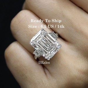 12 CT Emerald Cut Moissanite Engagement Ring 14K White Gold Three Stone Ring with Trapezoids Anniversary Gift For Her Ready to Ship