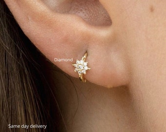 14K Solid Gold huggie hoop earrings flower helix hoop cartilage hoop tiny gold hoops small hoop earrings diamond huggies cartilage earring