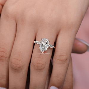 Anillo de compromiso con diamantes cultivados en laboratorio, anillo de boda de 2 quilates, anillo de compromiso con forma de pera, banda de diamantes de laboratorio de tres piedras, anillo en forma de lágrima, regalo del primer aniversario