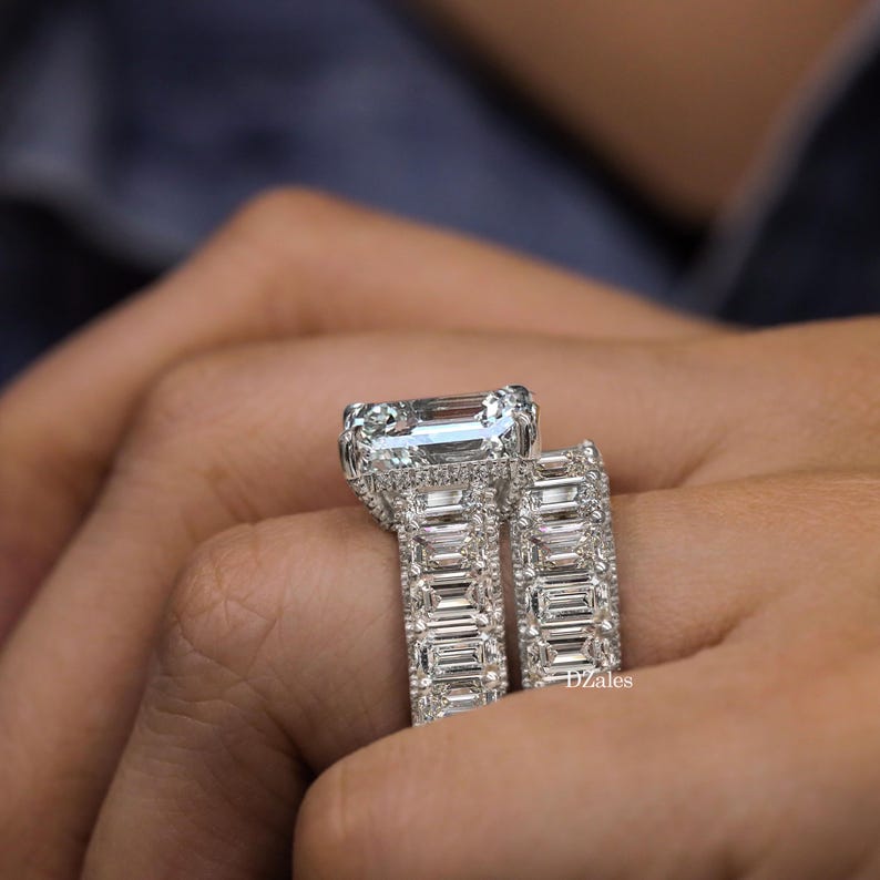 Emerald Cut Moissanite Engagement Ring Set 14k White Gold 5CT Bridal ...