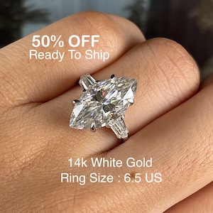 Marquise Moissanite Engagement Ring Three stone 6.25 huge big large marquise cut wedding ring 1st anniversary gift for women