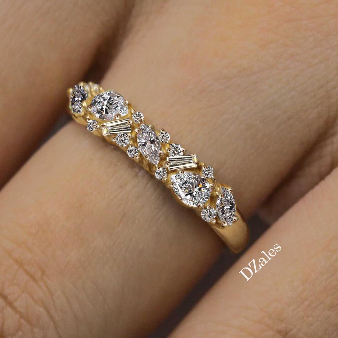 Moissanite Eternity Wedding Band: 14k Yellow Gold Vintage Cluster Ring ...