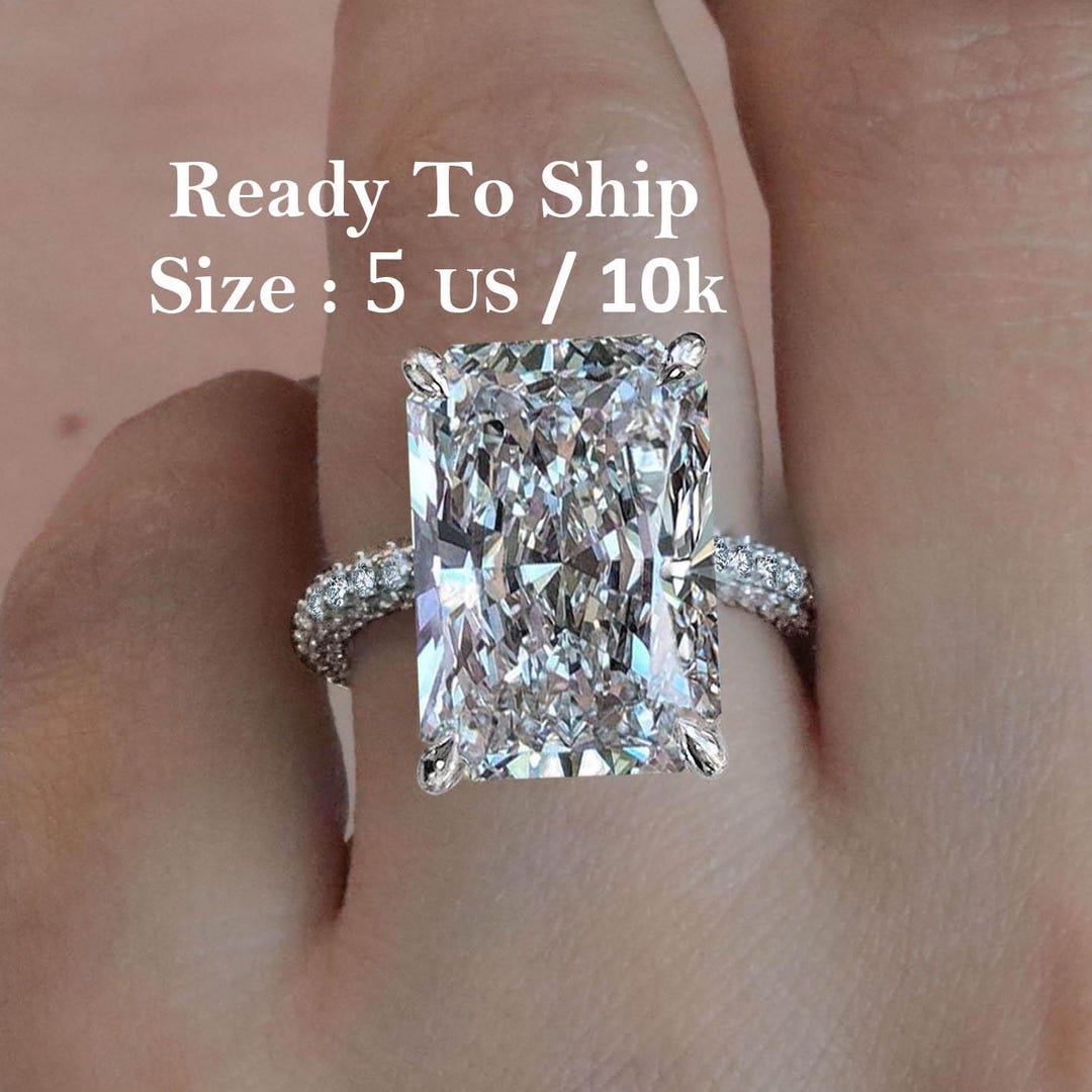 Radiant Cut Moissanite Engagement Ring: 10k White Gold Hidden Halo ...