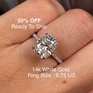 14k White Gold engagement ring 2.5 CT Cushion Cut Moissanite Ring Hidden Halo Solitaire Cathedral Ring anniversary gift for her