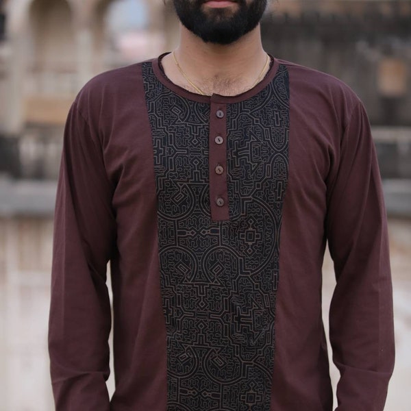 LONG SLEEVE TOP | Men's tribal t-shirt | Henley neckline, coconut buttons | Ethnic print top