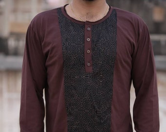 Camicia tribale a maniche lunghe da uomo / Scollo Henley, stampa shipibo, bottoni in cocco / Abbigliamento alternativo