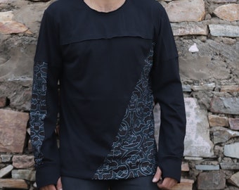 Camicia a maniche lunghe da uomo con patchwork Shipibo: Psy Streetwear